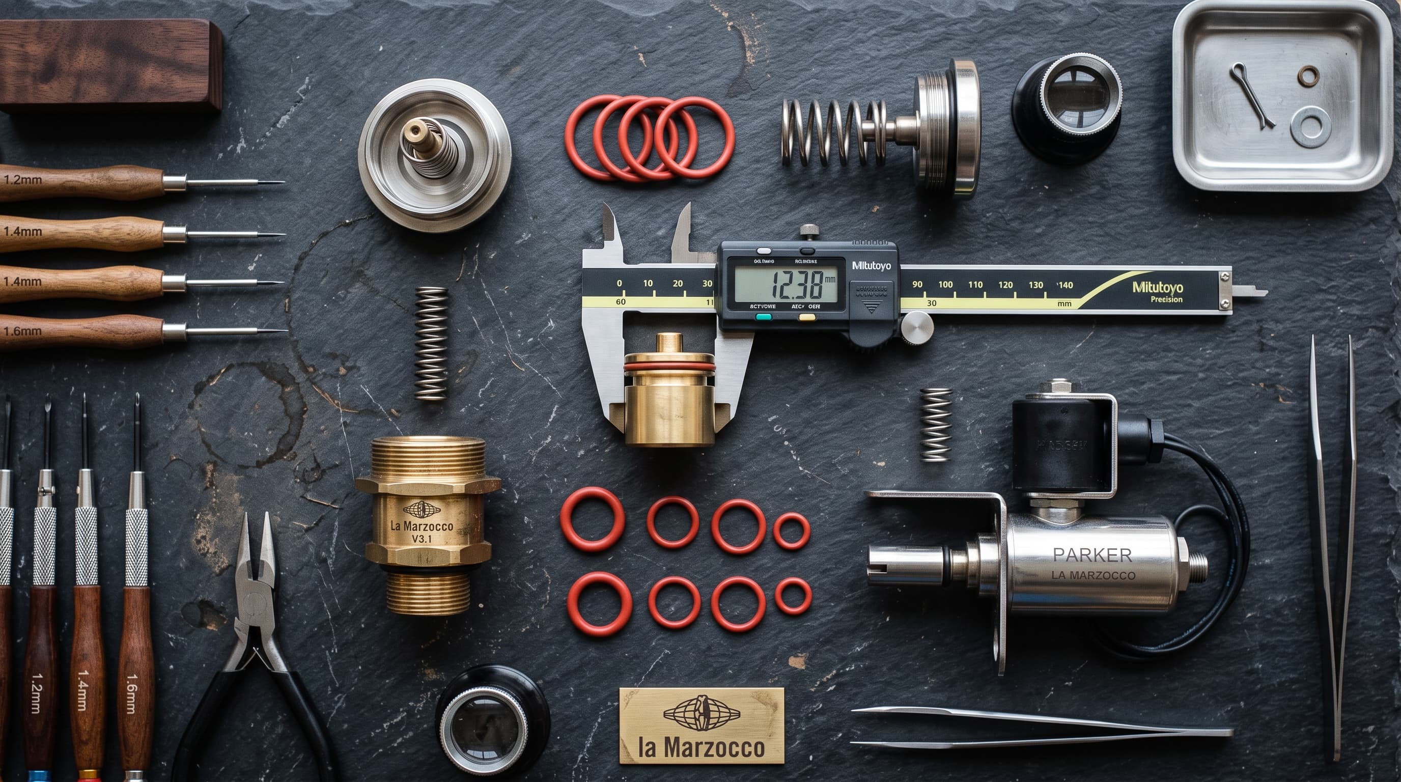 Bench-disassembled La Marzocco vacuum breaker, solenoid, and precision measuring tools laid out for rebuild